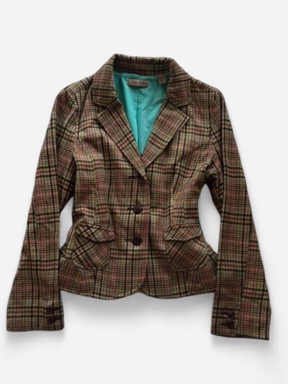 Vintage i.e Brown Plaid Tailored Blazer with Turquoise Lining